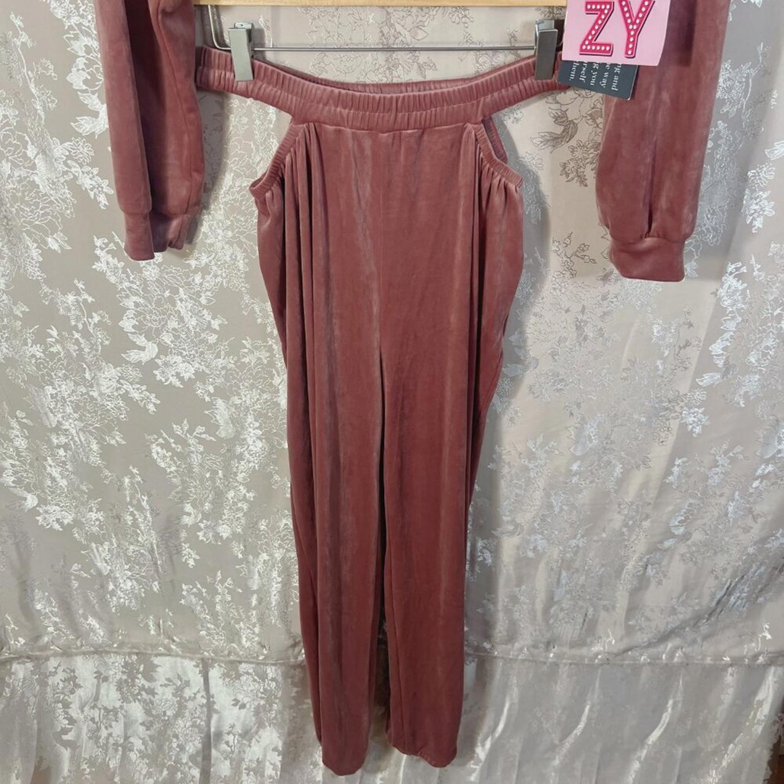 NWT Vivre La Vie Velour Tracksuit Sweatshirt Sweatpants Blush Dusty Rose Size L