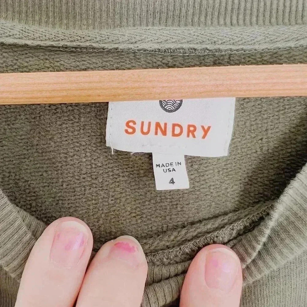 Sundry Army Green Gold Paint Splattered Crewneck Sweatshirt Distressed Size 4