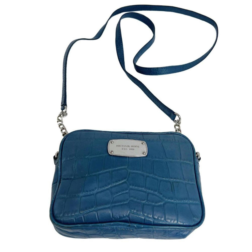Michael Kors Blue Crocodile Embossed Leather Silver Chain Crossbody Bag Purse