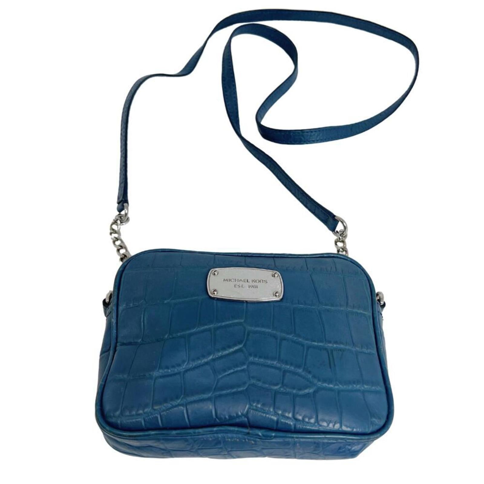 Michael Kors Blue Crocodile Embossed Leather Silver Chain Crossbody Bag Purse