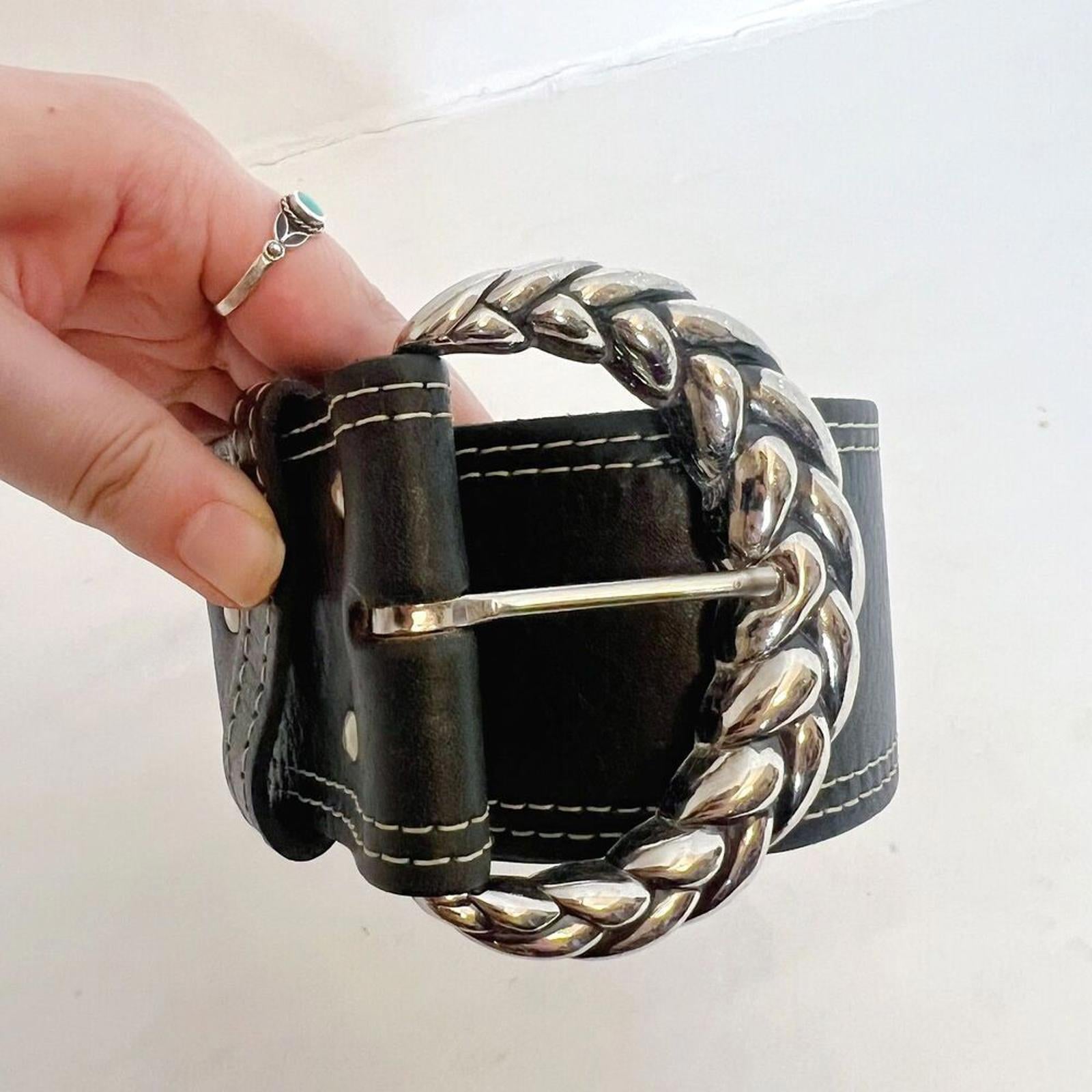Chico's Black Leather Chunky Belt Silver Braided Buckle y2k Women's Size M 32