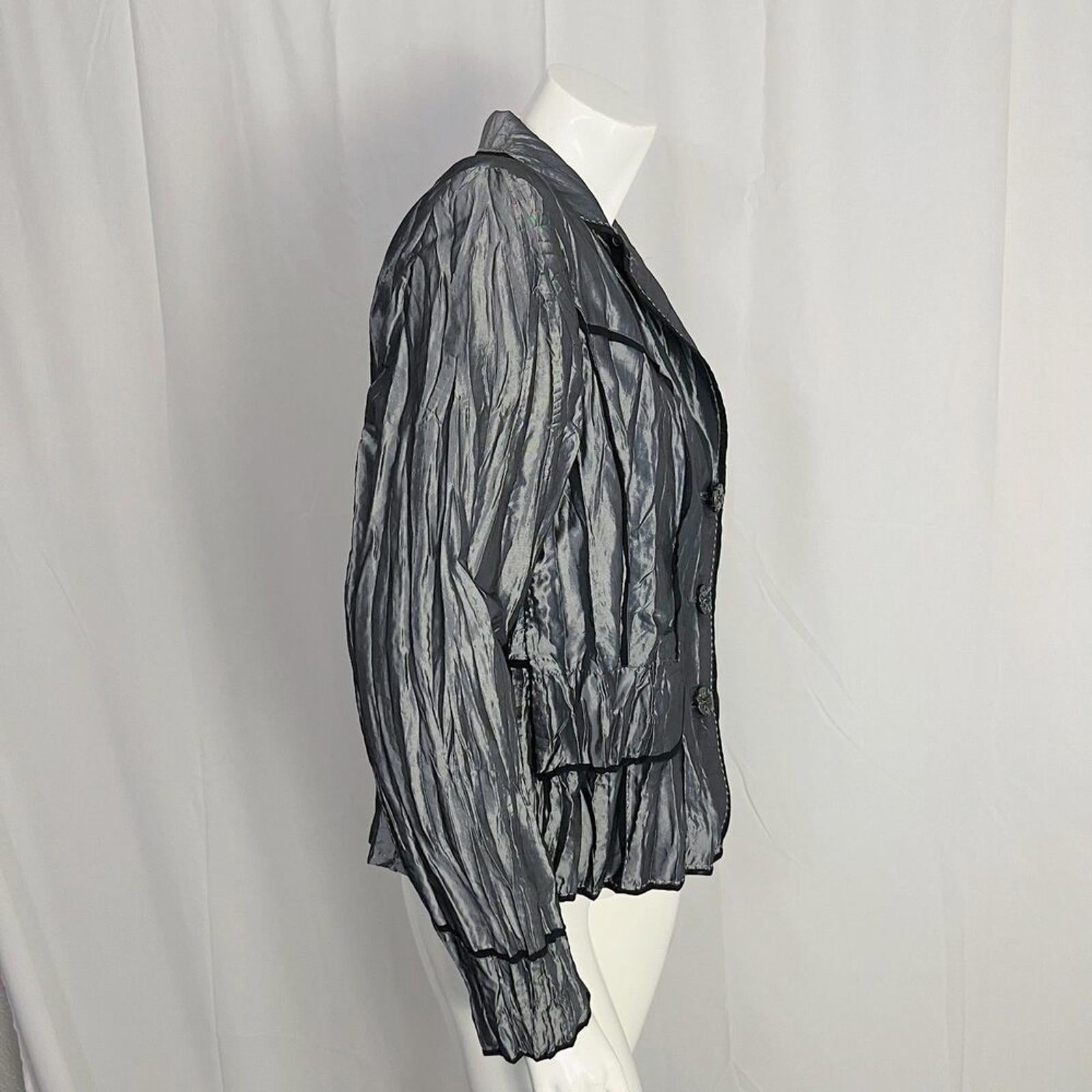 Y2K Vintage Alberto Makali Silver Crinkled Blazer Black Piping Women's Size M