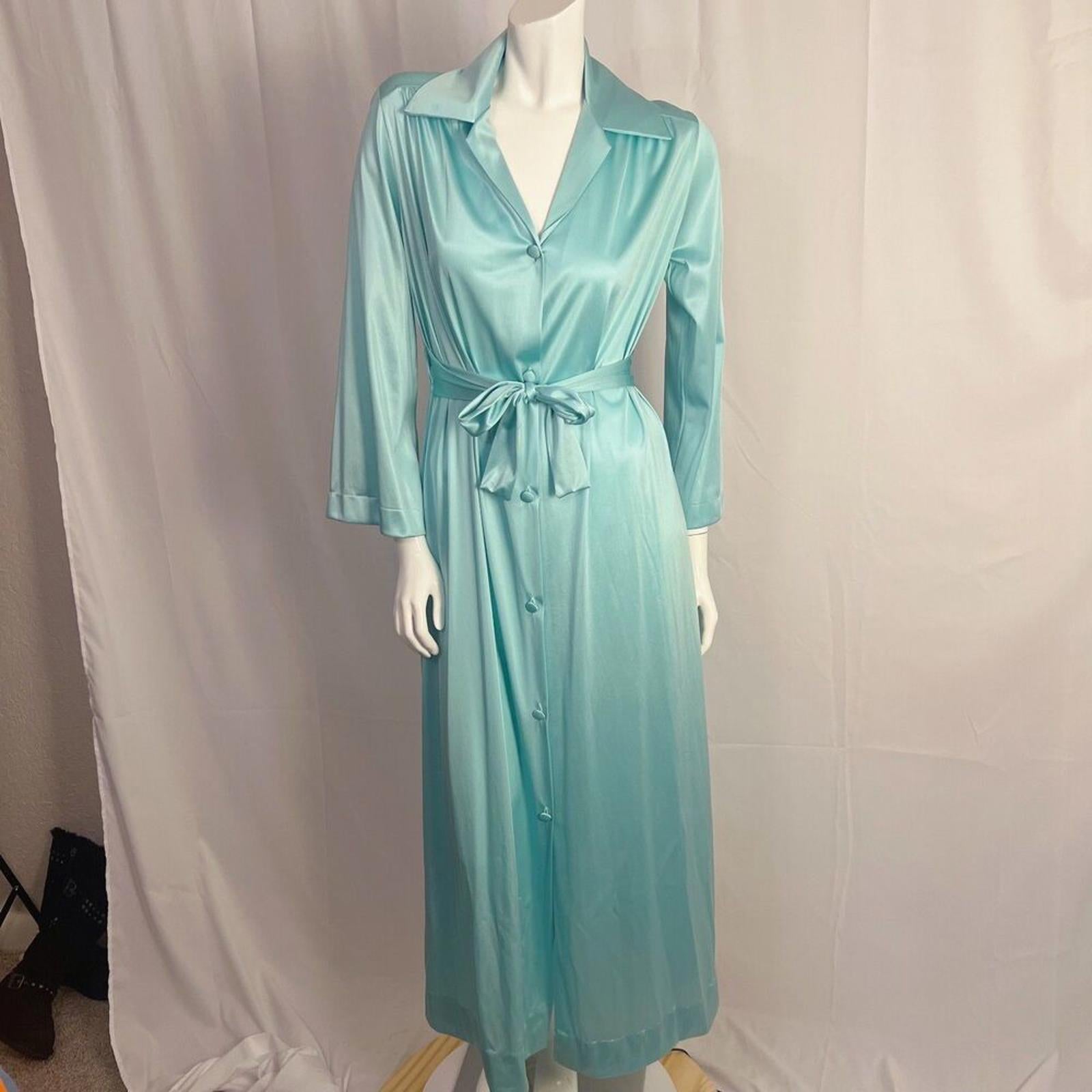 Vintage 1970sVanity Fair Turquoise Nylon Dress Button Up Women's Size 12