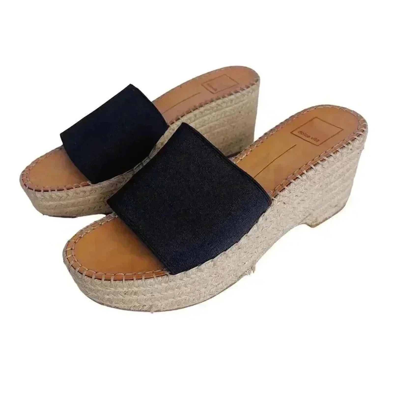 Dolce Vita Black Platform Sandals Canvas Slides Woven Wedges Women's Size 8.5
