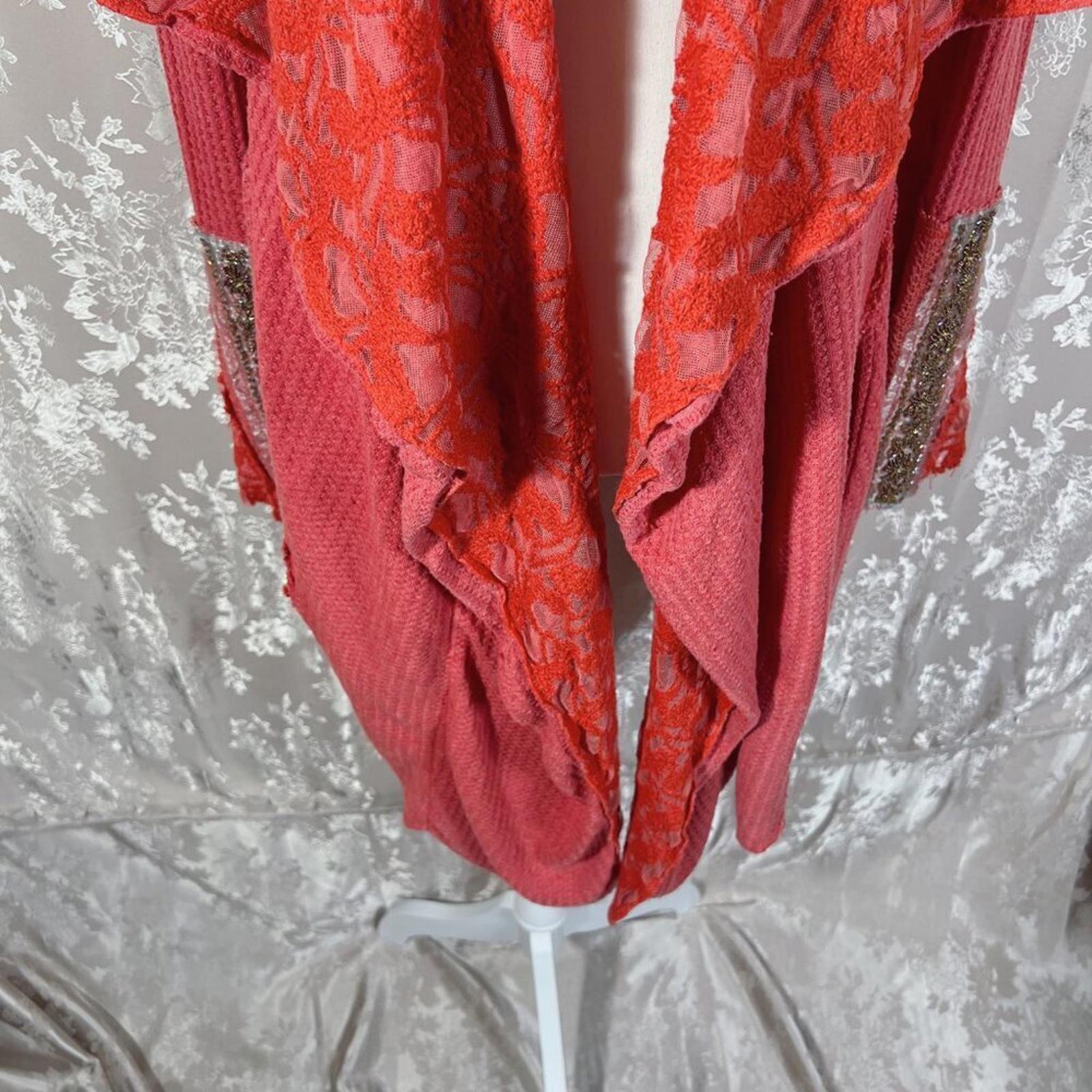 Aratta Silent Journey Waterfall Waffle Knit Open Cardigan Beading Boho Size M