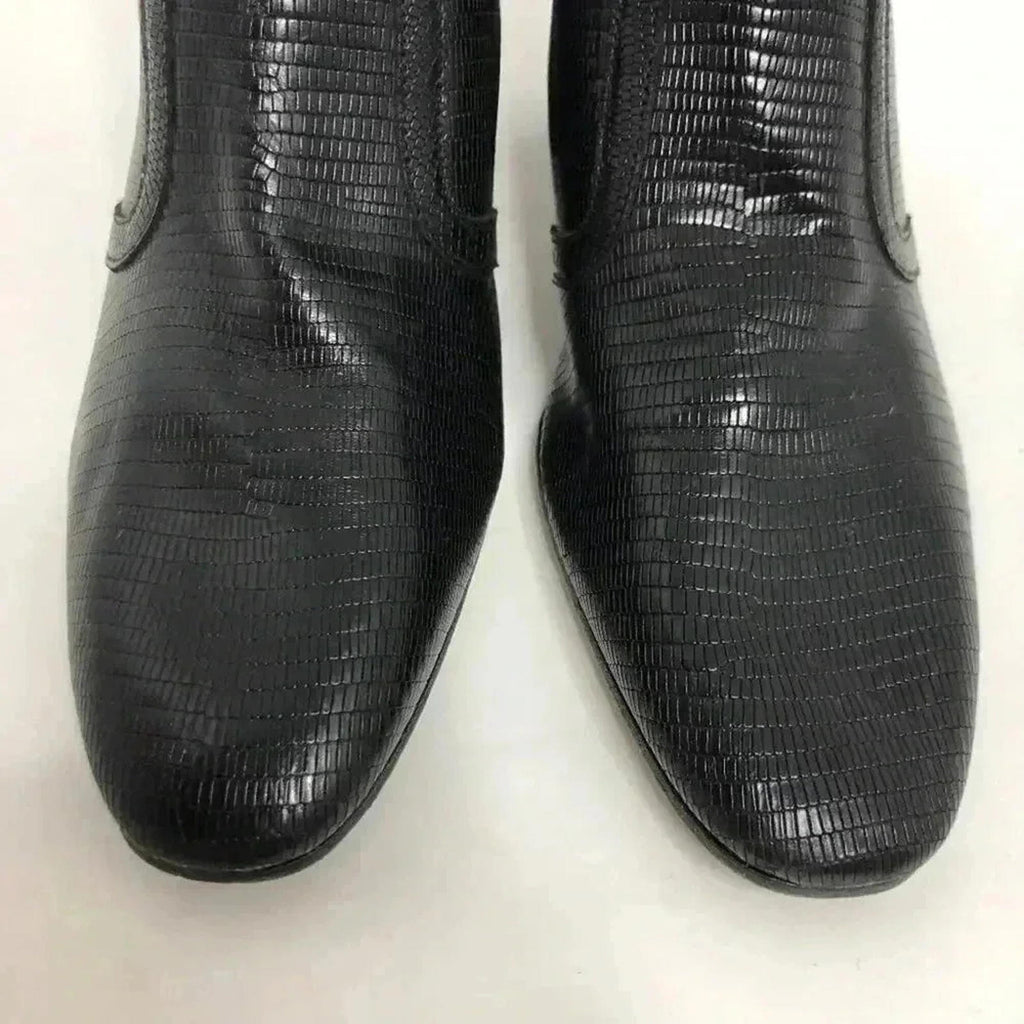 Doucal's Vintage Crocodile Print Leather Luxury Designer Black Booties Pointed