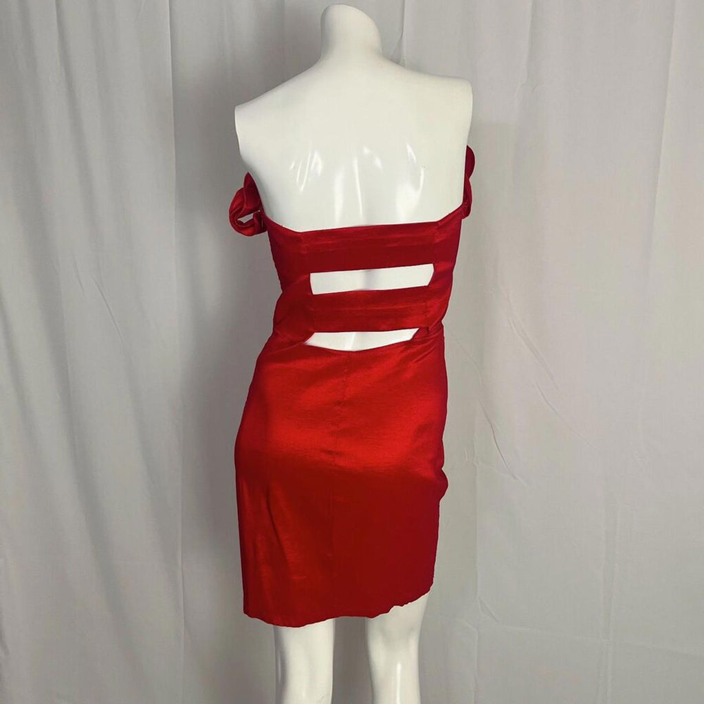1980s Vintage La Scala Red Strapless Ruched Cocktail Dress Ruffled Top Size XL