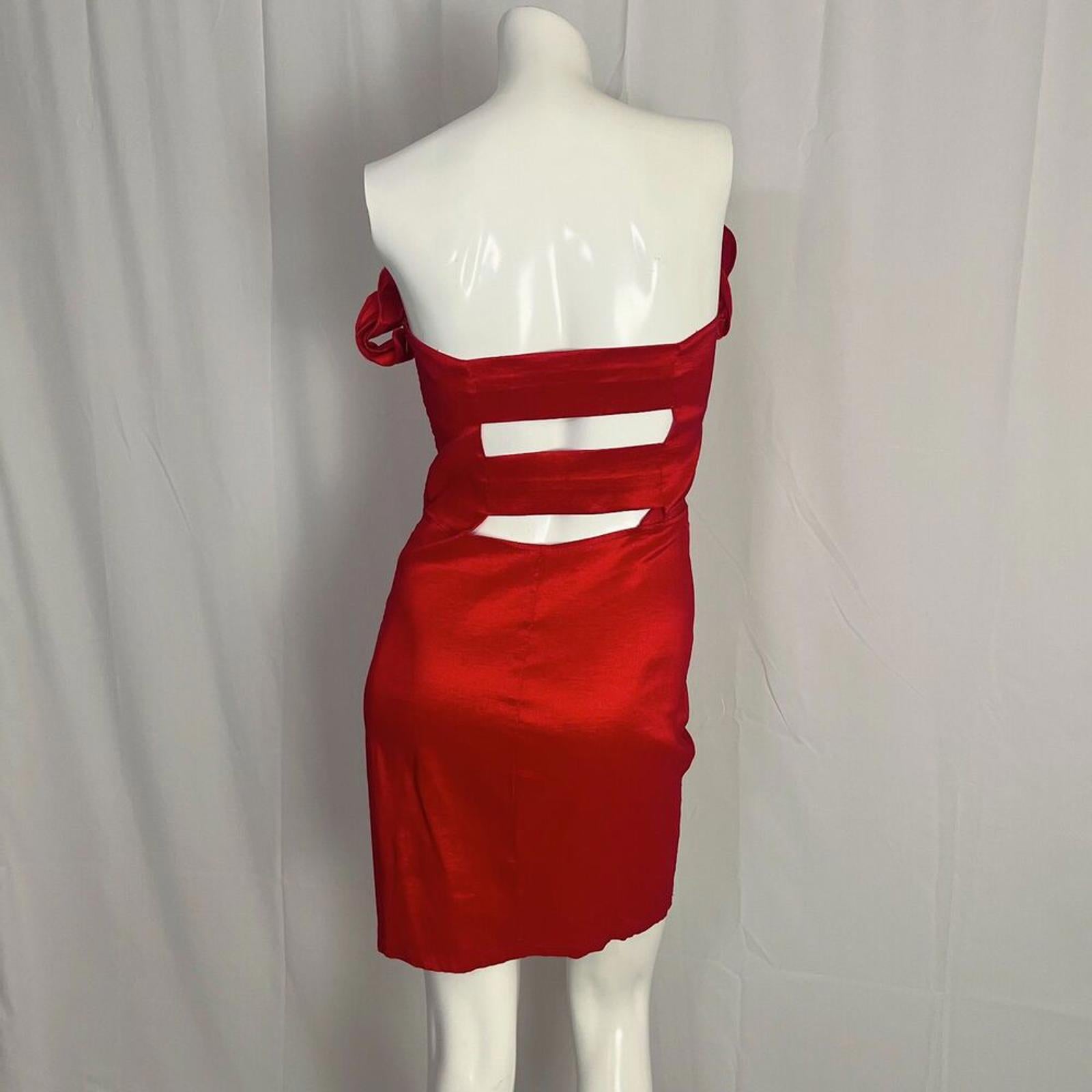 1980s Vintage La Scala Red Strapless Ruched Cocktail Dress Ruffled Top Size XL