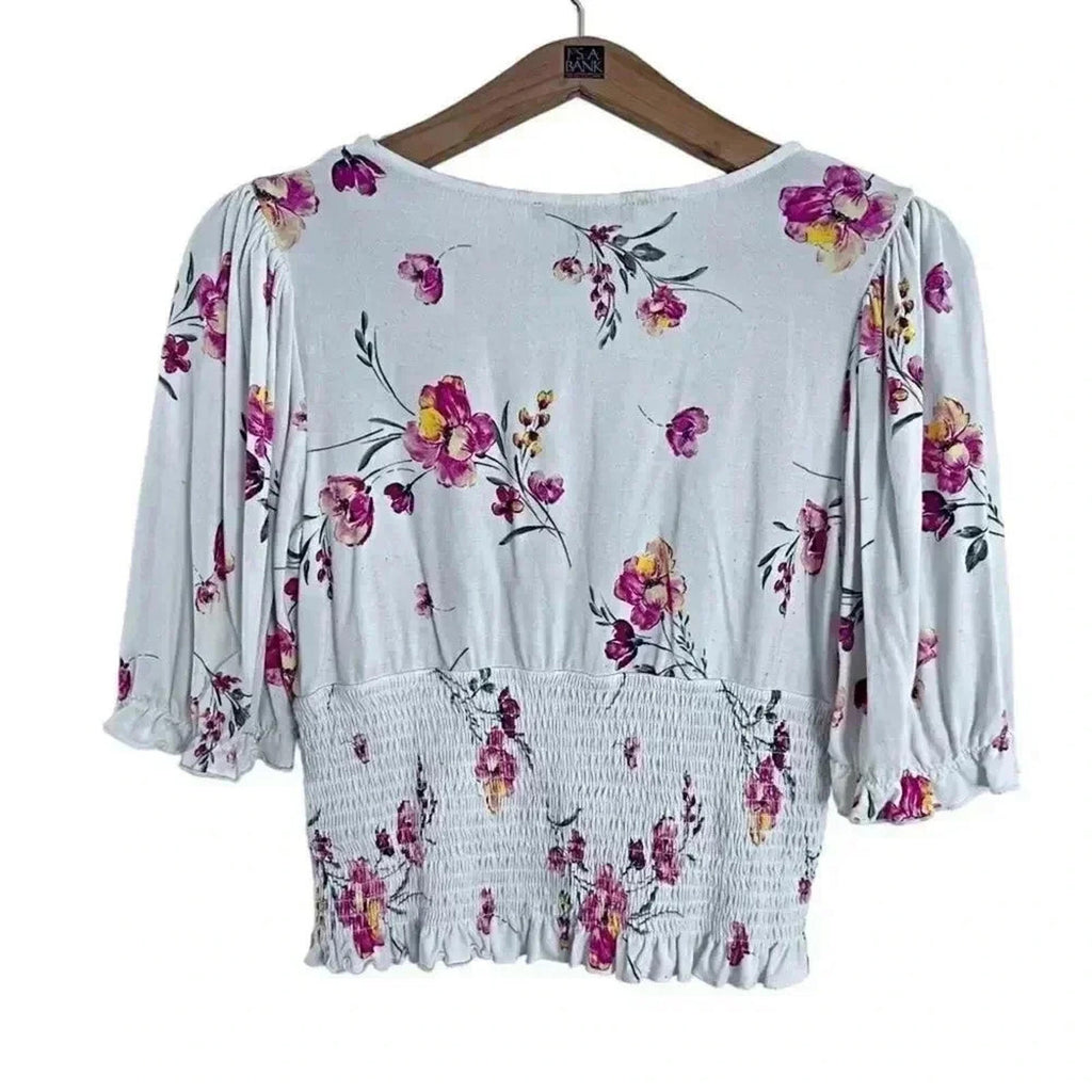 ❤️ 3/$15 Forever 21 White Pink Floral Puff Sleeve Crop Top Peasant Blouse Size L