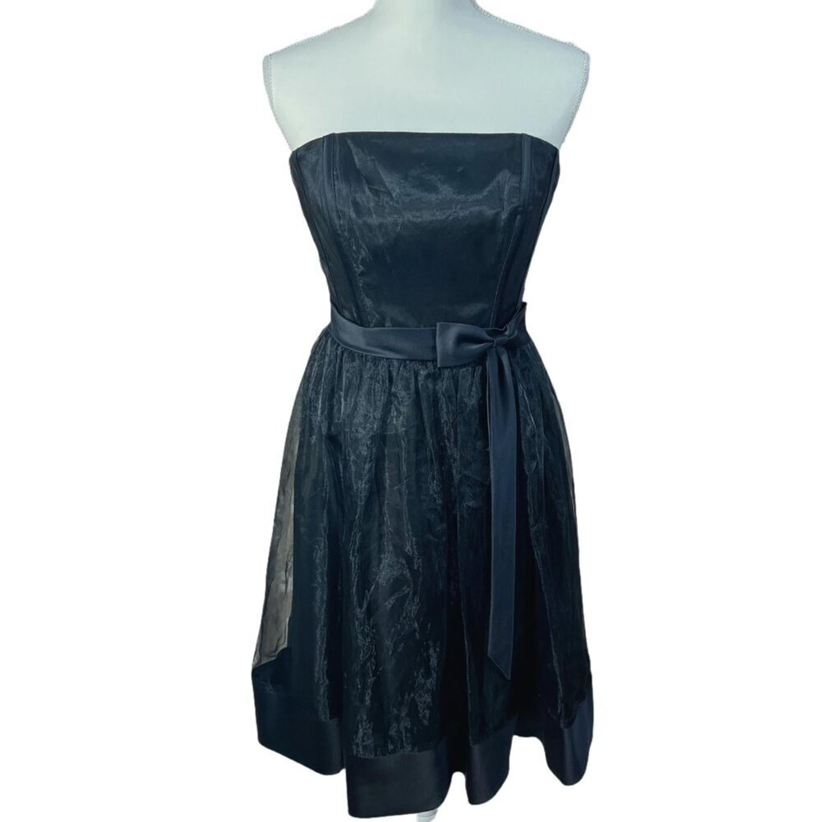 Vintage Alfred Angelo Black Strapless Organza Dress Corset Top Satin Bow Size 6