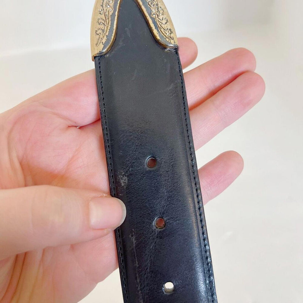Vintage Land's End Black Leather Belt Silver Engraved Buckle Size 26 Western