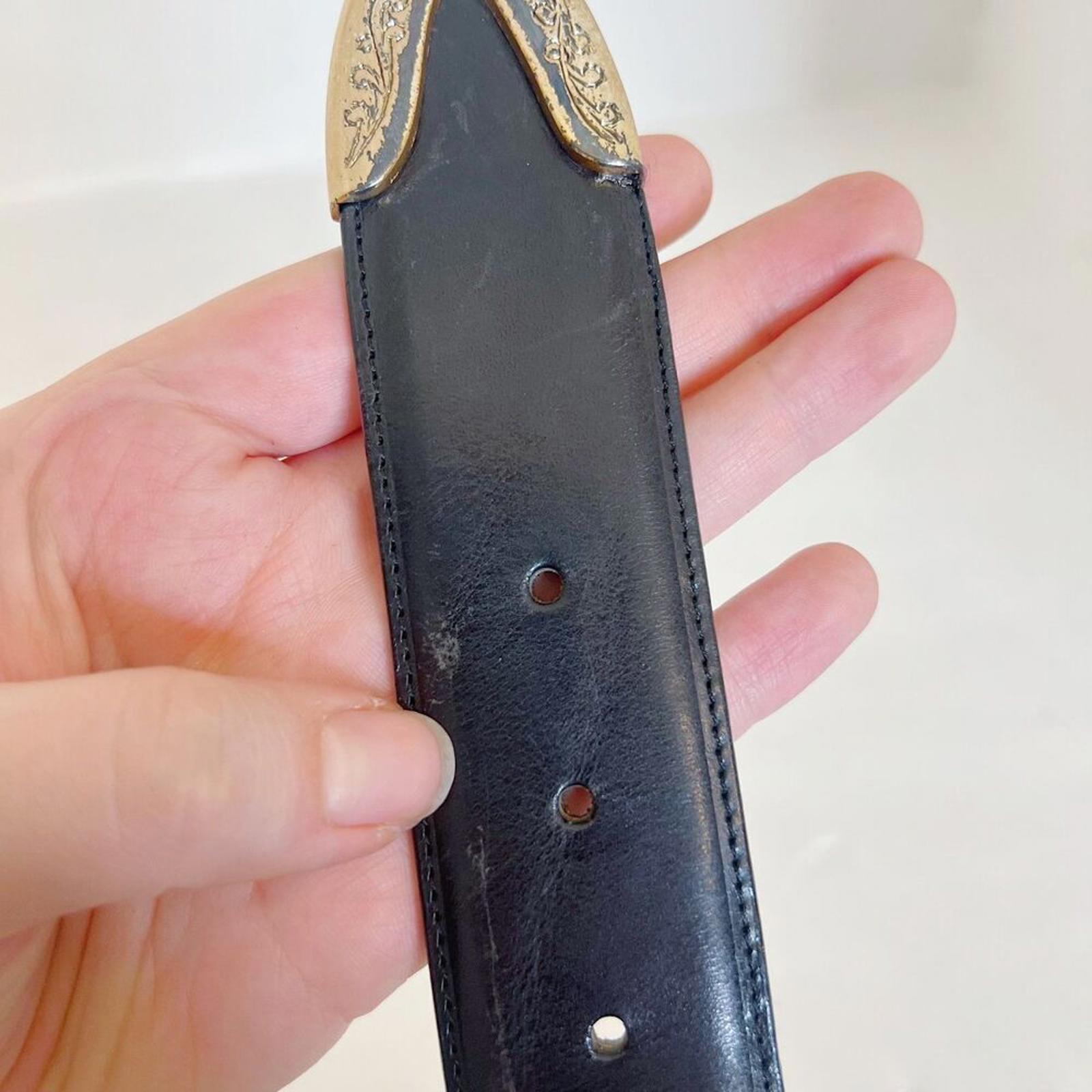 Vintage Land's End Black Leather Belt Silver Engraved Buckle Size 26 Western