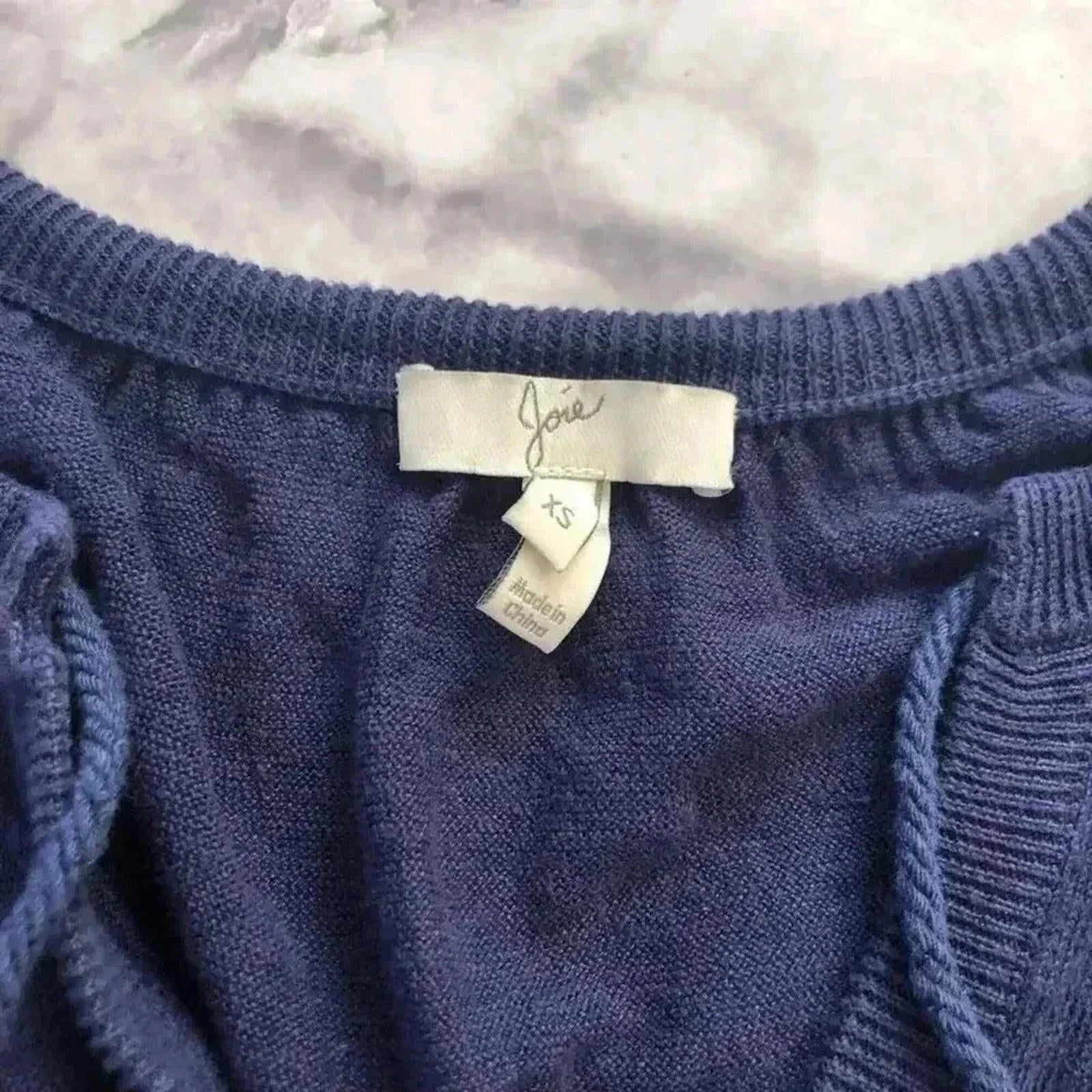 Joie Navy Blue Linen 3/4 Sleeve Blouse Summer Quiet Luxury Tassel Size XS