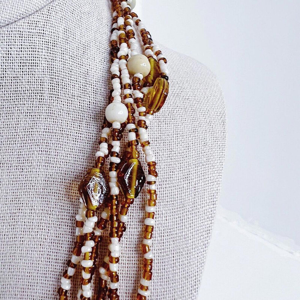 Brown and White Beaded Multistrand Seed Bead Statement Necklace Boho