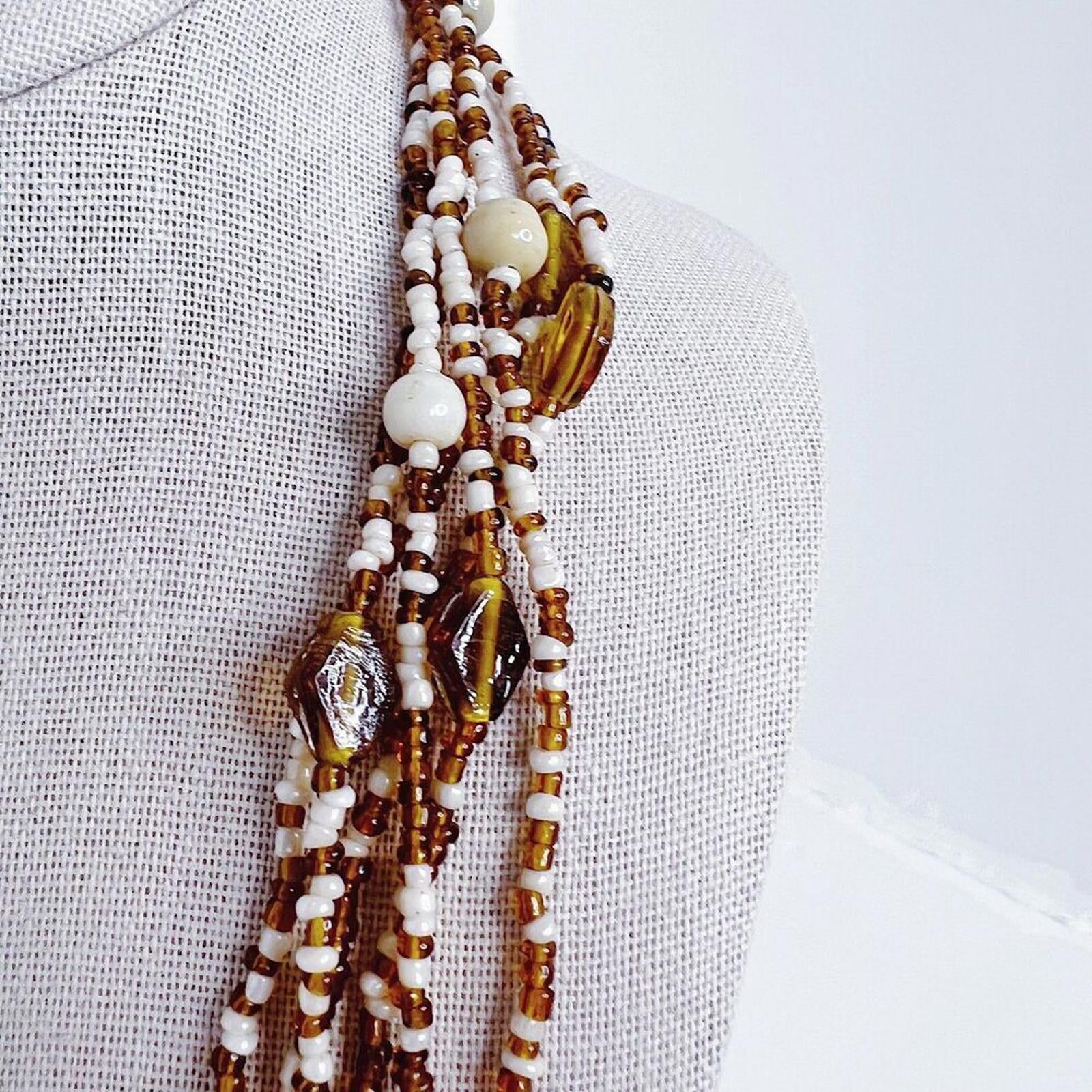 Brown and White Beaded Multistrand Seed Bead Statement Necklace Boho