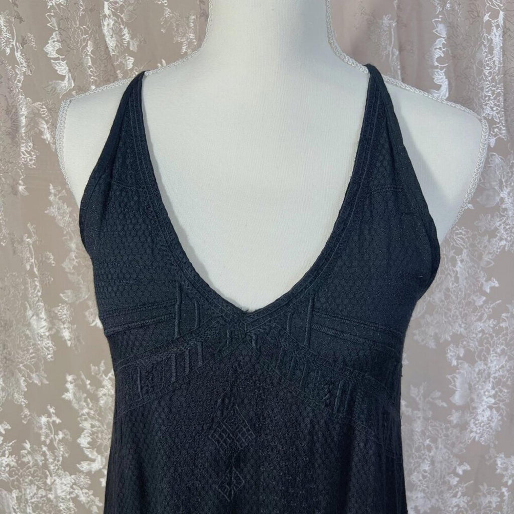 Vintage Black Embroidered V Neck Dress Women's Size 6
