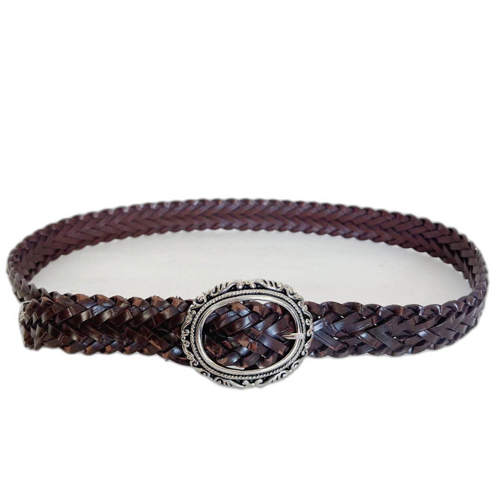 Vintage Brown Leather Braided Belt Silver Statement Buckle Size M