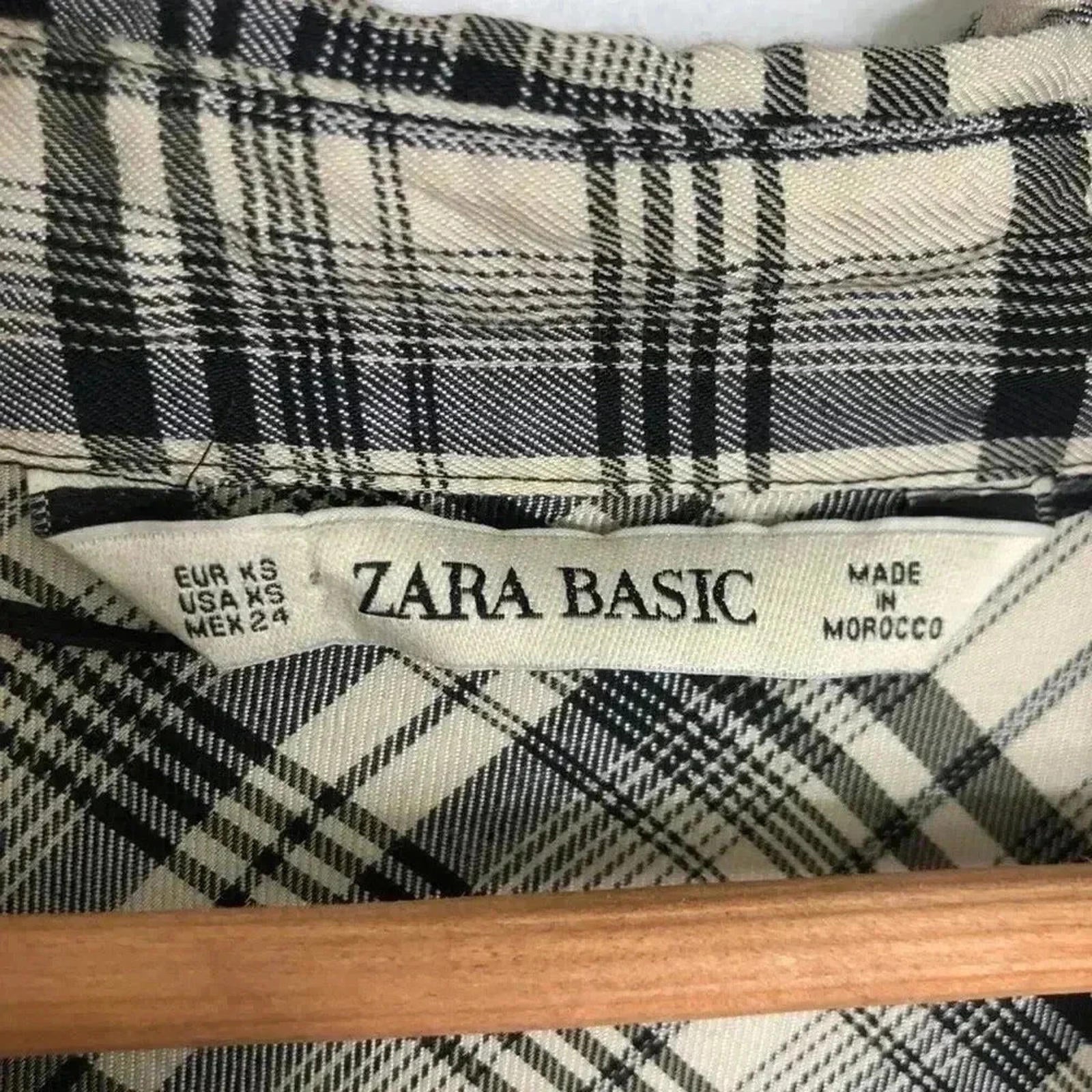 Zara Basic Black Cream Plaid Long Sleeve Tunic Blouse Women's Size XS
