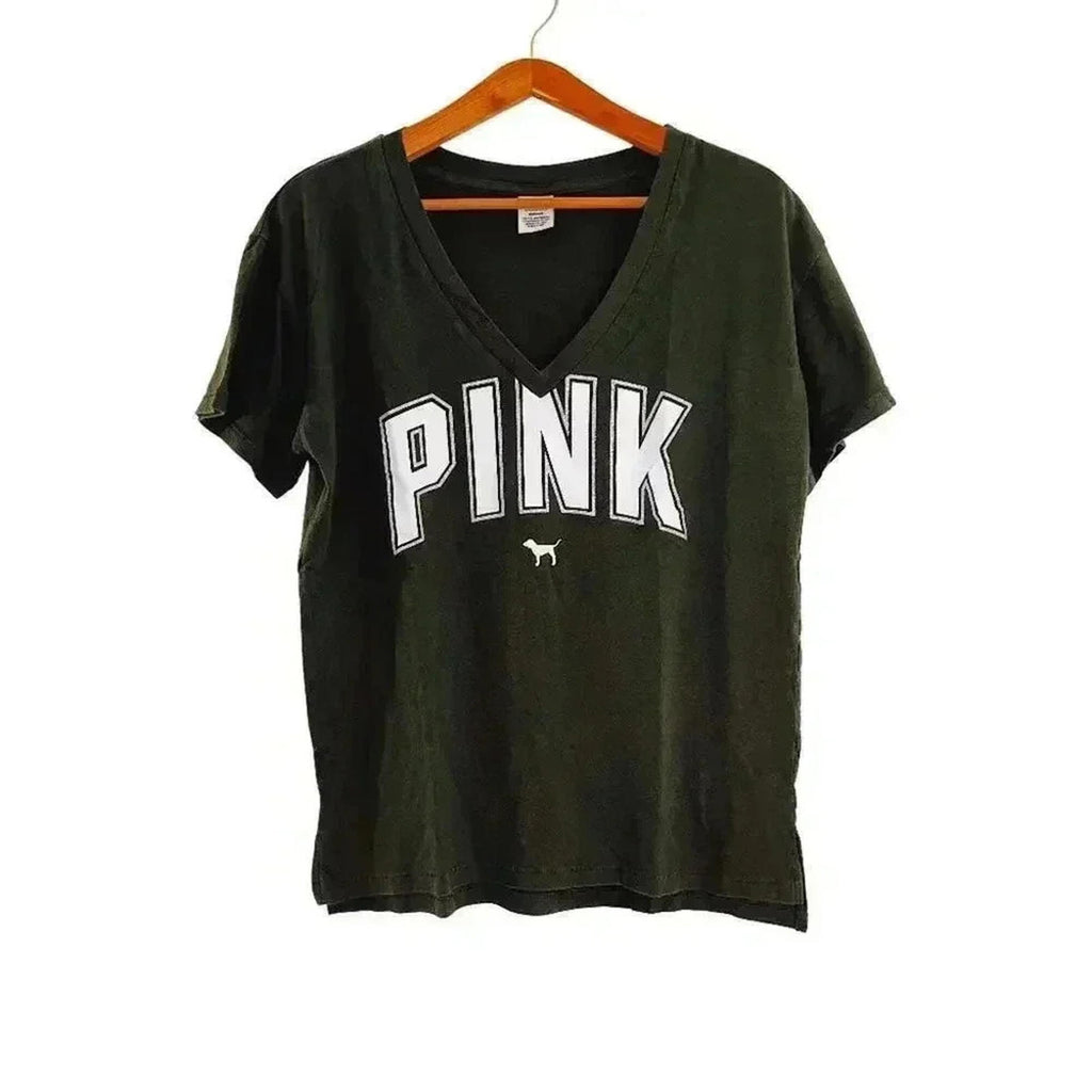 VS Pink Victoria's Secret Forest Green V Neck Tee Women's Size M