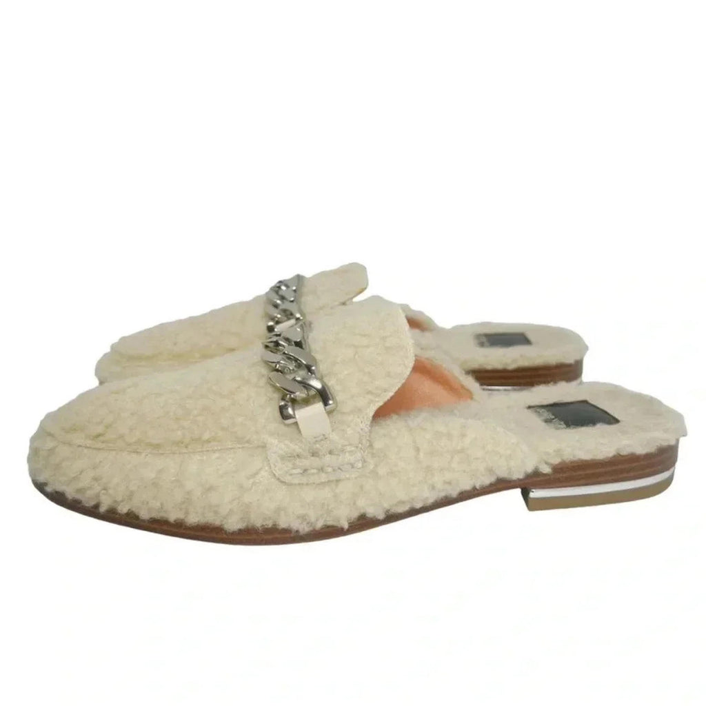 Dolce Vita Pela Cream Sherpa Mule Flat Silver Chain Women's Size 8