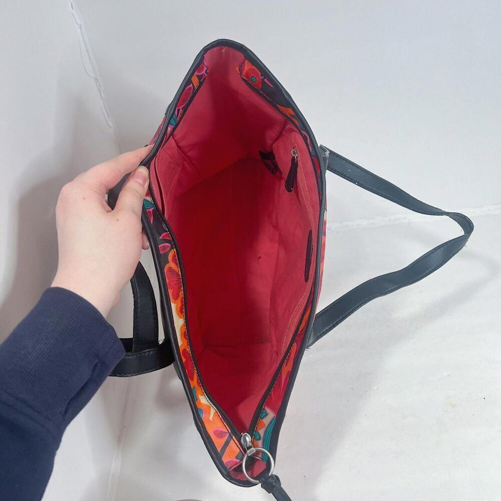 Fossil KeyPer Orange and Pink Flower Floral Tote Bag Black Leather Purse