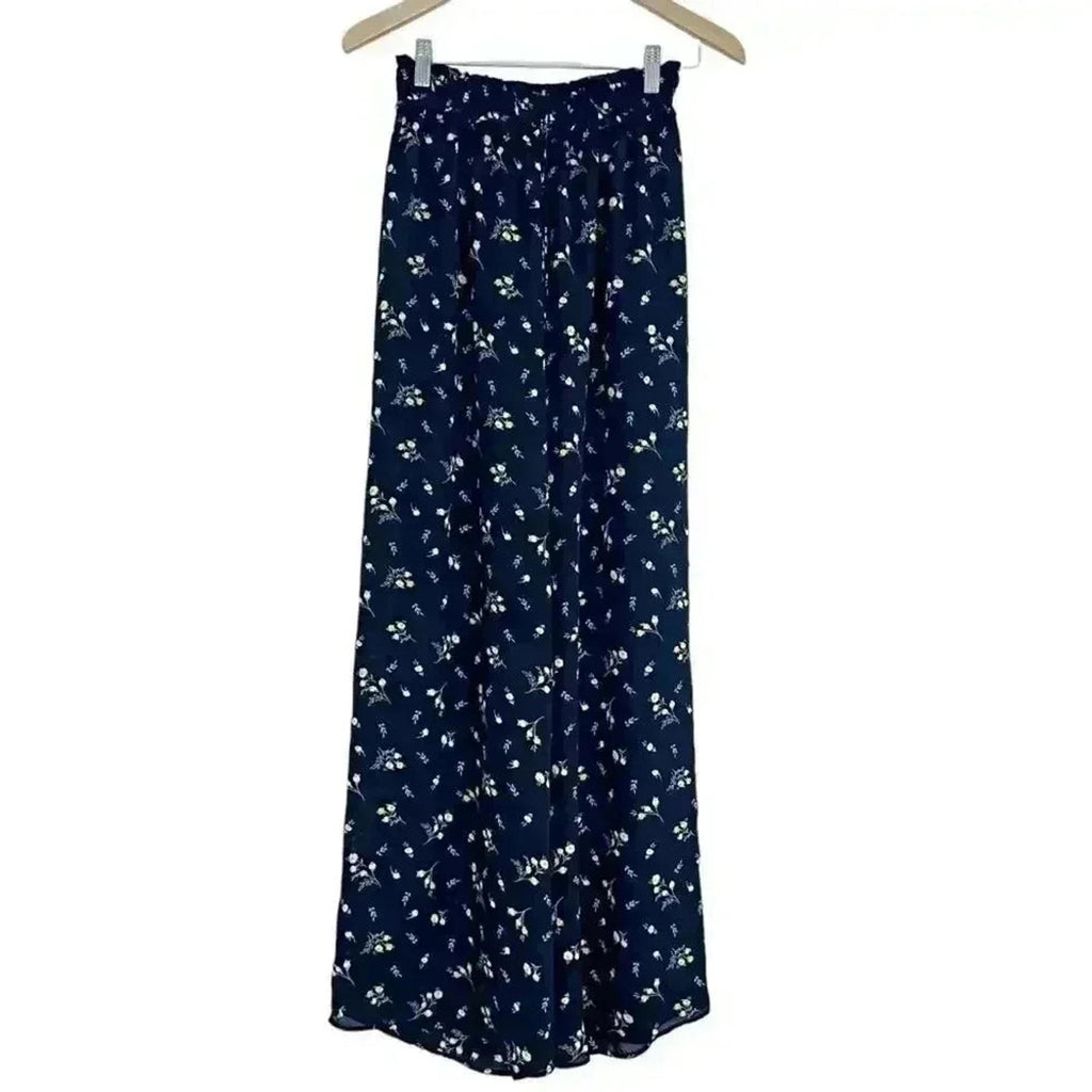 Aqua Black and Yellow Chiffon Flowy Pants Floral  Summer Boho Chic Size S