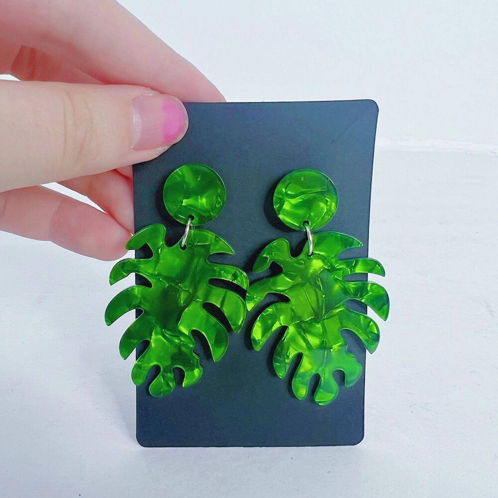 Tropical Green Palm Leaf Earrings Vacation Beach Summer