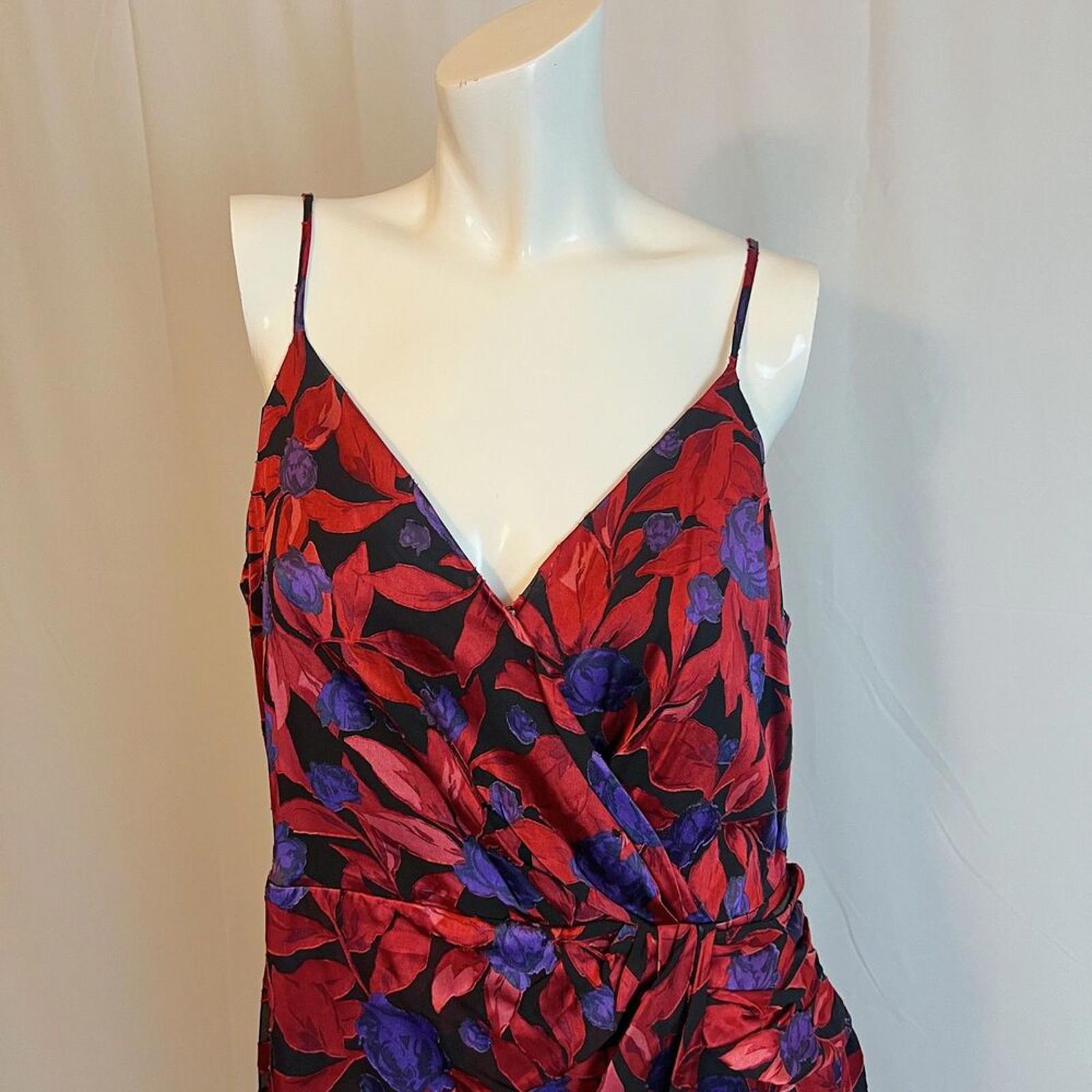 Worthington Red Purple Floral Faux Wrap Midi Dress Women's Size L