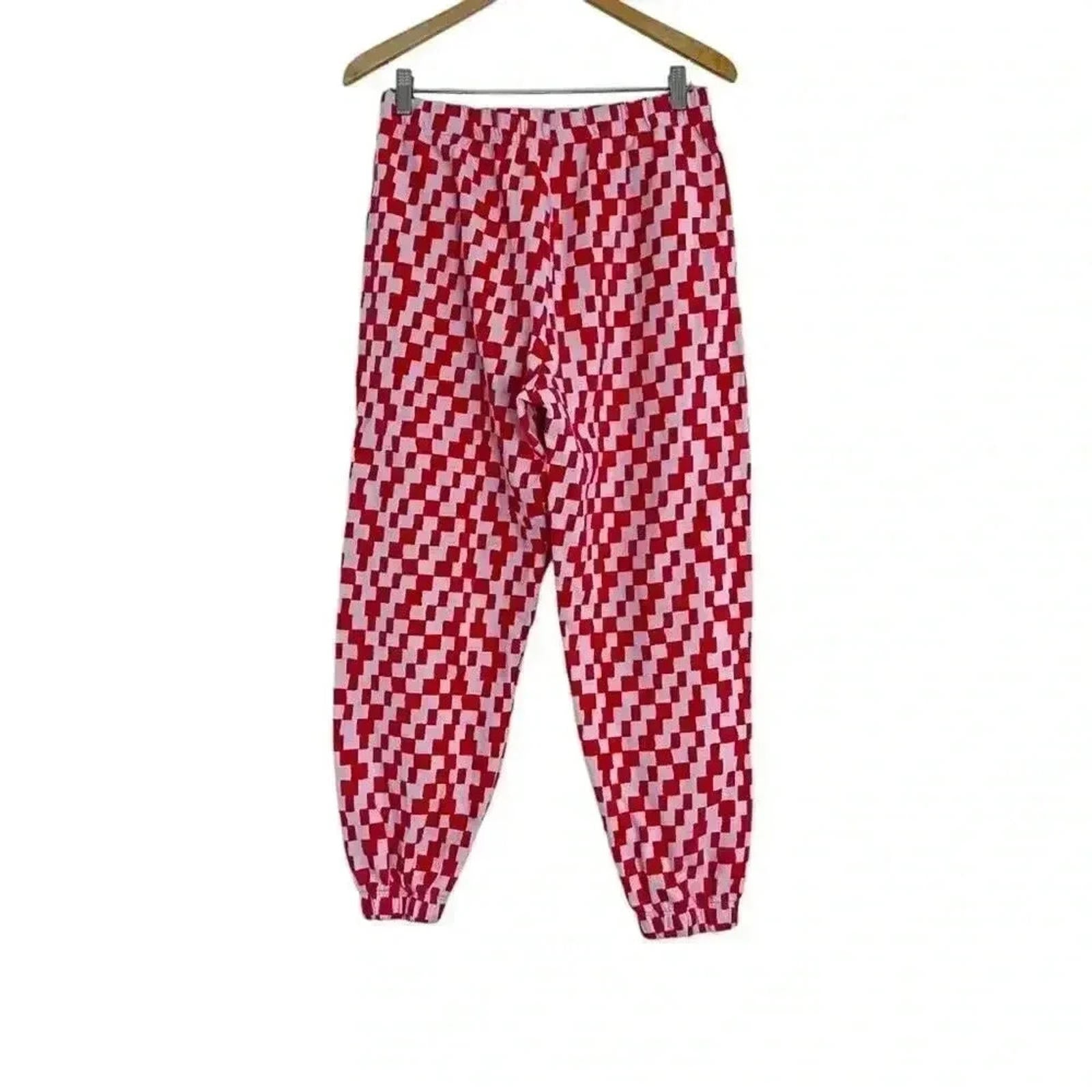 BP Pink and Orange Checker Print Geometric Terry Cloth Sweatpants Women's Size M