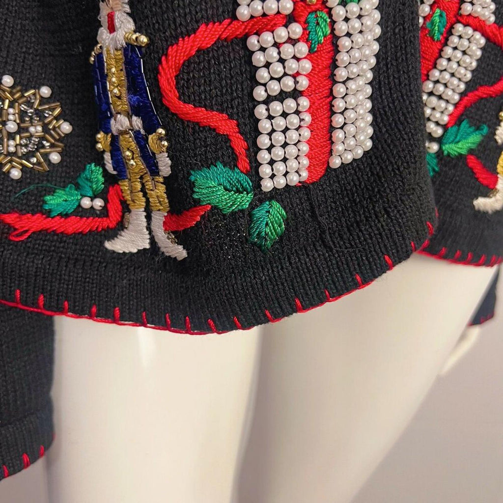 Vintage Christmas Sweater Beaded Embroidered Nutcracker Ugly Sweater Size XL