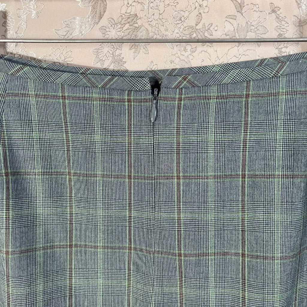 y2k Tahari Vintage Grey Green Plaid Pencil Skirt Pleated Office Siren Size 12