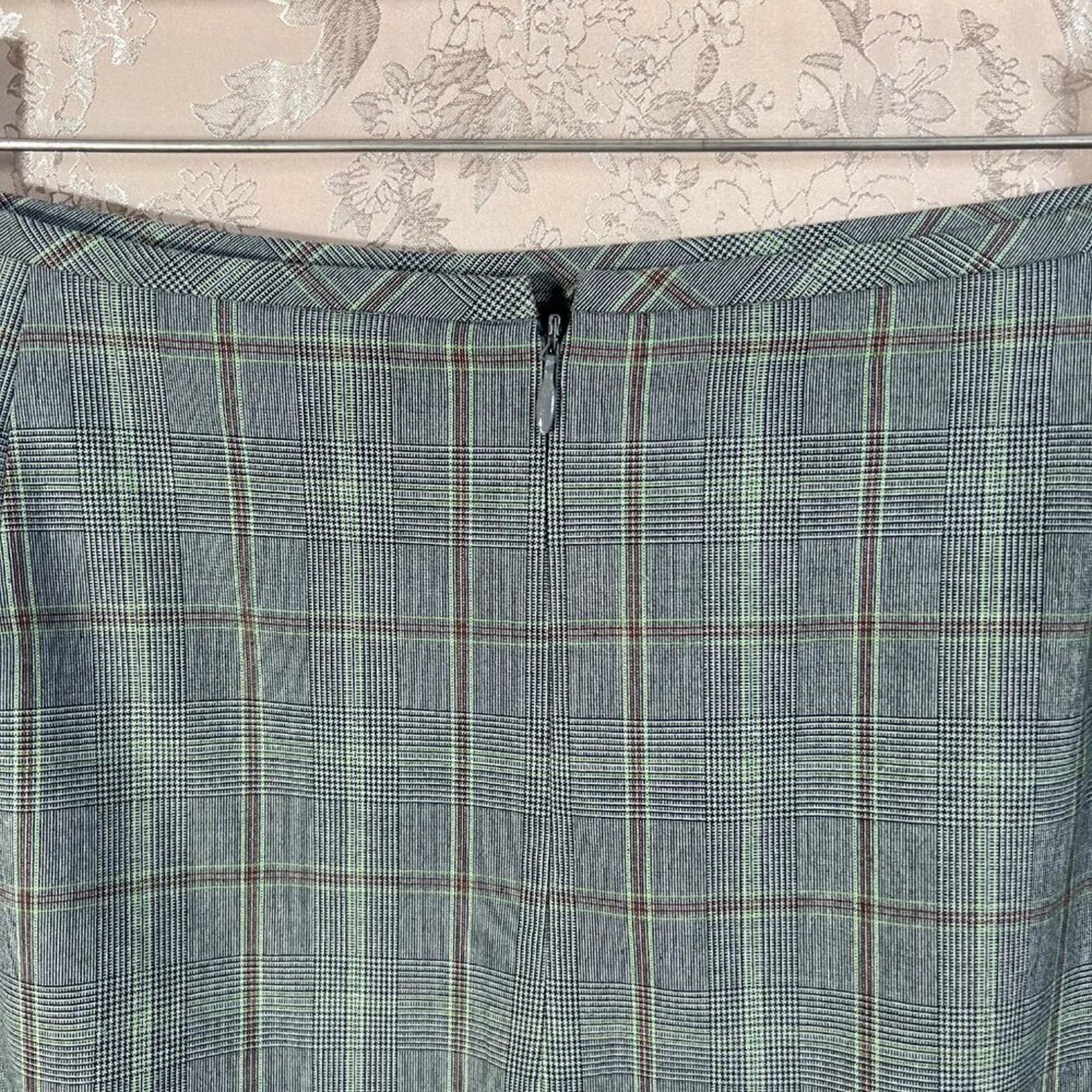 y2k Tahari Vintage Grey Green Plaid Pencil Skirt Pleated Office Siren Size 12
