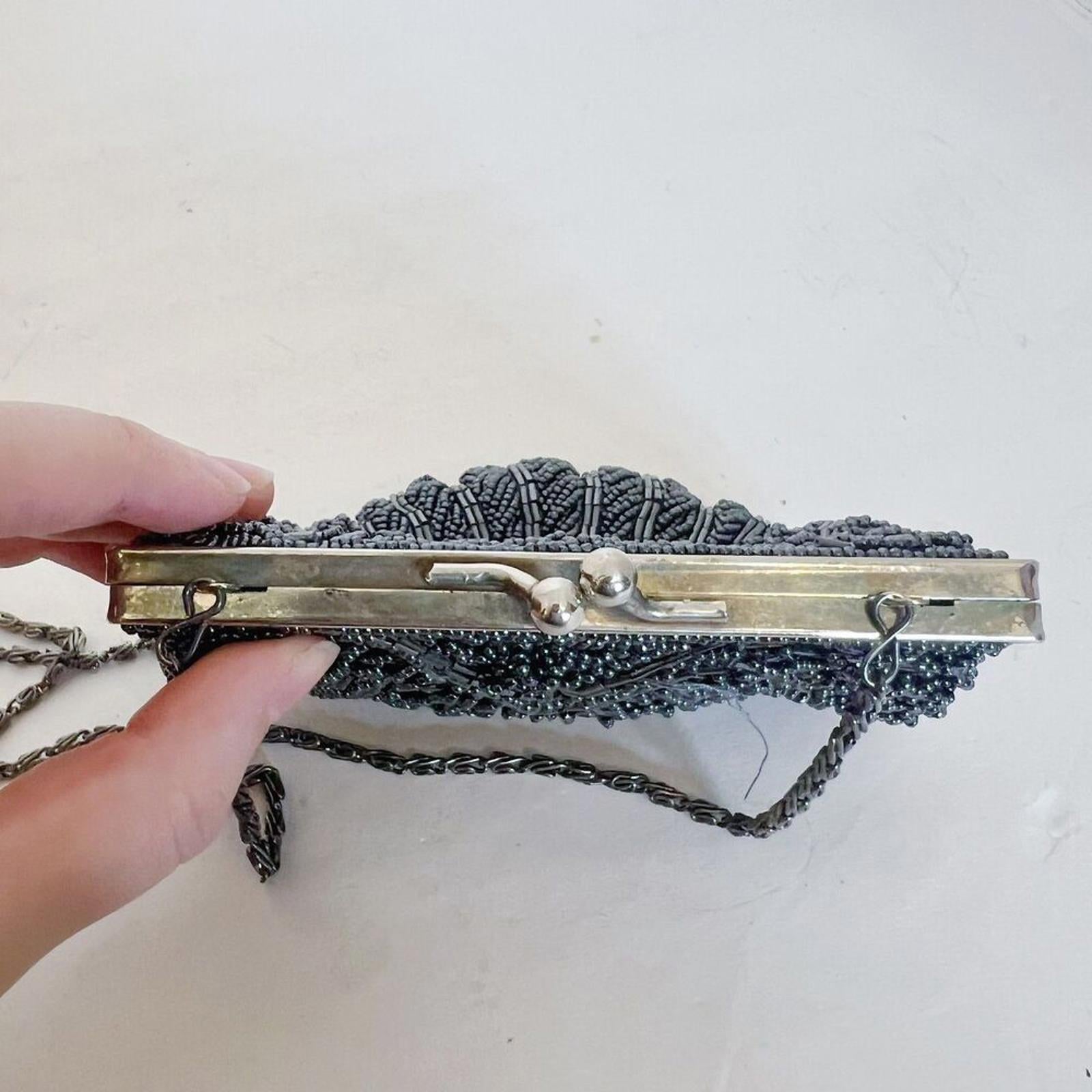 Vintage 80s La Regale Gunmetal Beaded Bag Clamshell Evening Bag Clutch