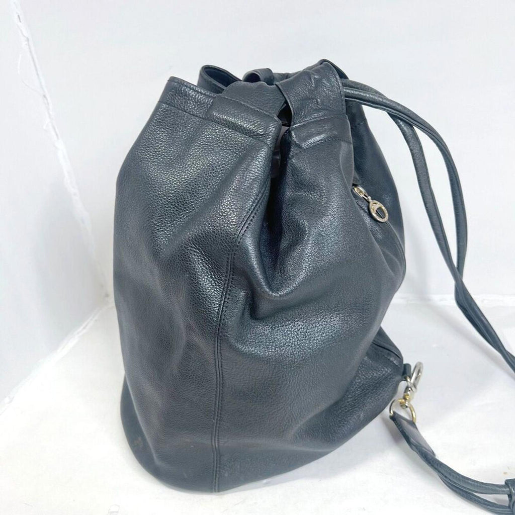 Longchamp RARE Vintage 90s Black Leather Drawstring Backpack Bag