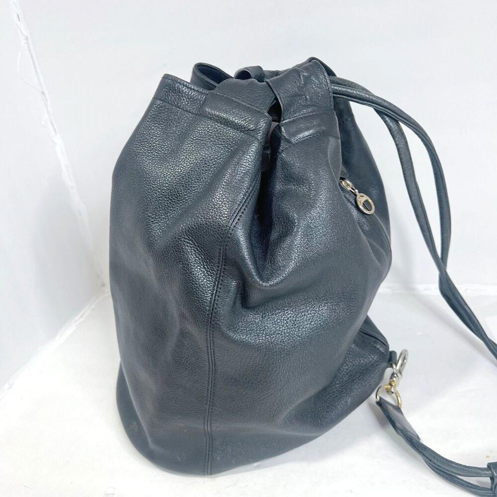 Longchamp RARE Vintage 90s Black Leather Drawstring Backpack Bag