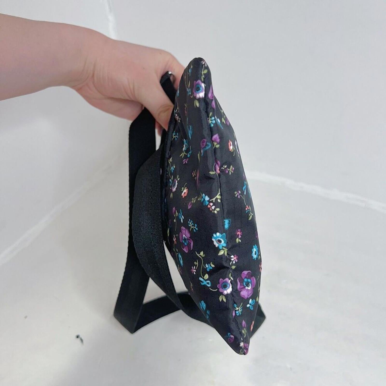 LeSportSac Black Purple and Blue Flowers Nylon Crossbody Bag Purse