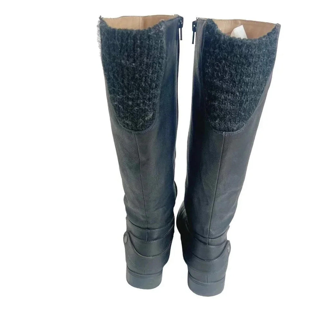 Life Stride Amy Black Faux Leather Knee High Riding Boots Knit Back Size 8.5