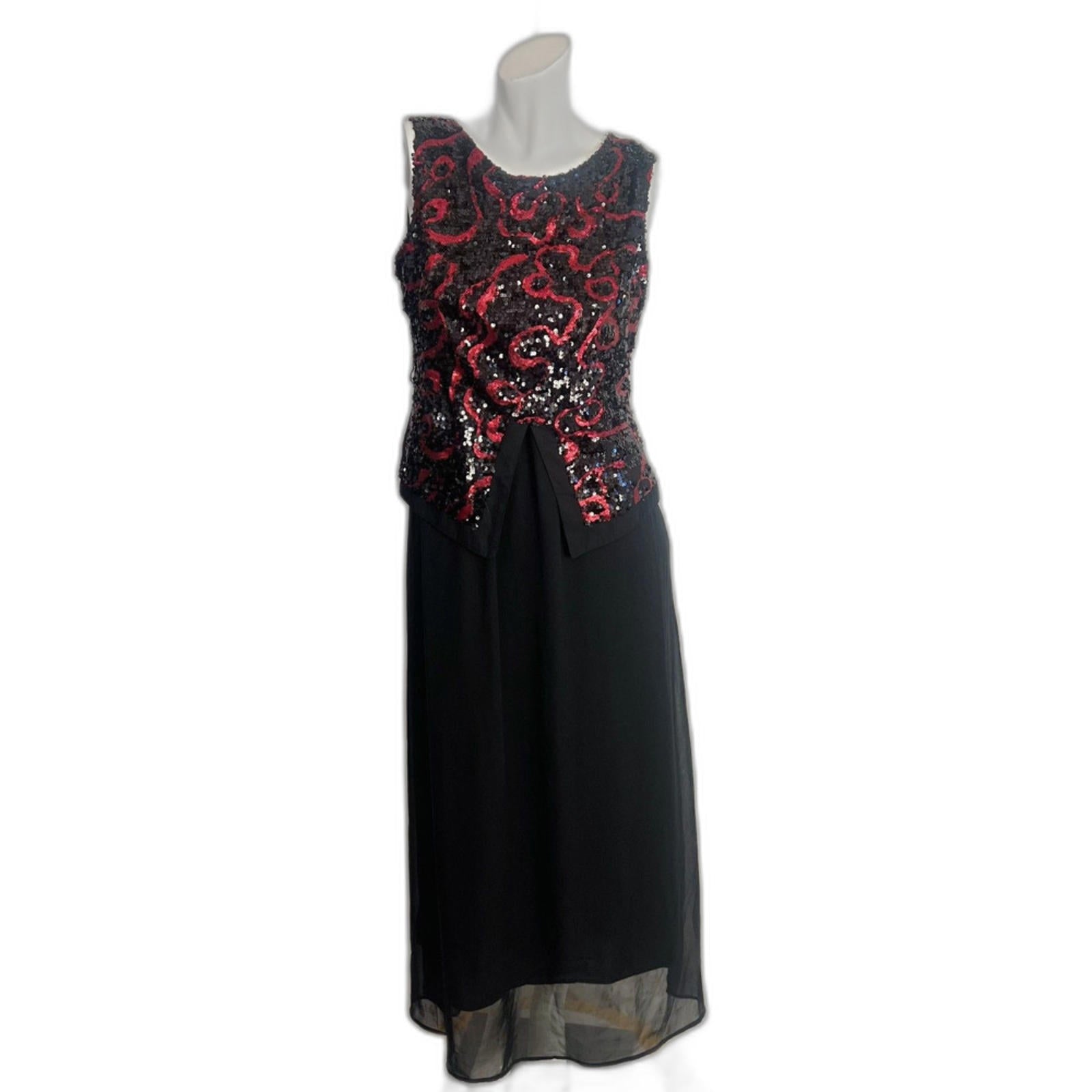 Vintage 80s 90s Blue Day's Black Chiffon Red Sequined Evening Gown Dress Size 10