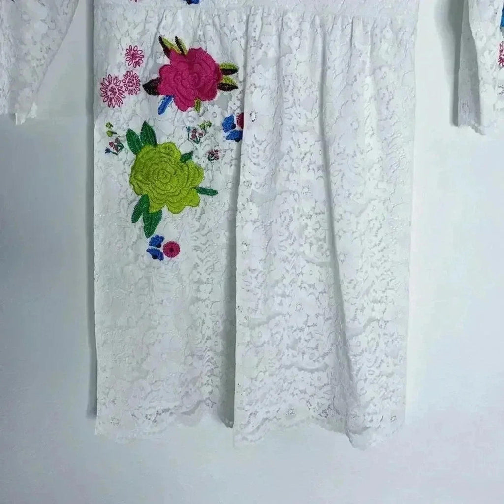Anthropologie Tracy Reese White Lace Floral Embroidered Dress Women's Size 8