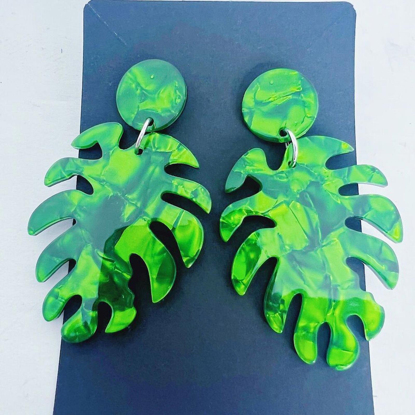 Tropical Green Palm Leaf Earrings Vacation Beach Summer