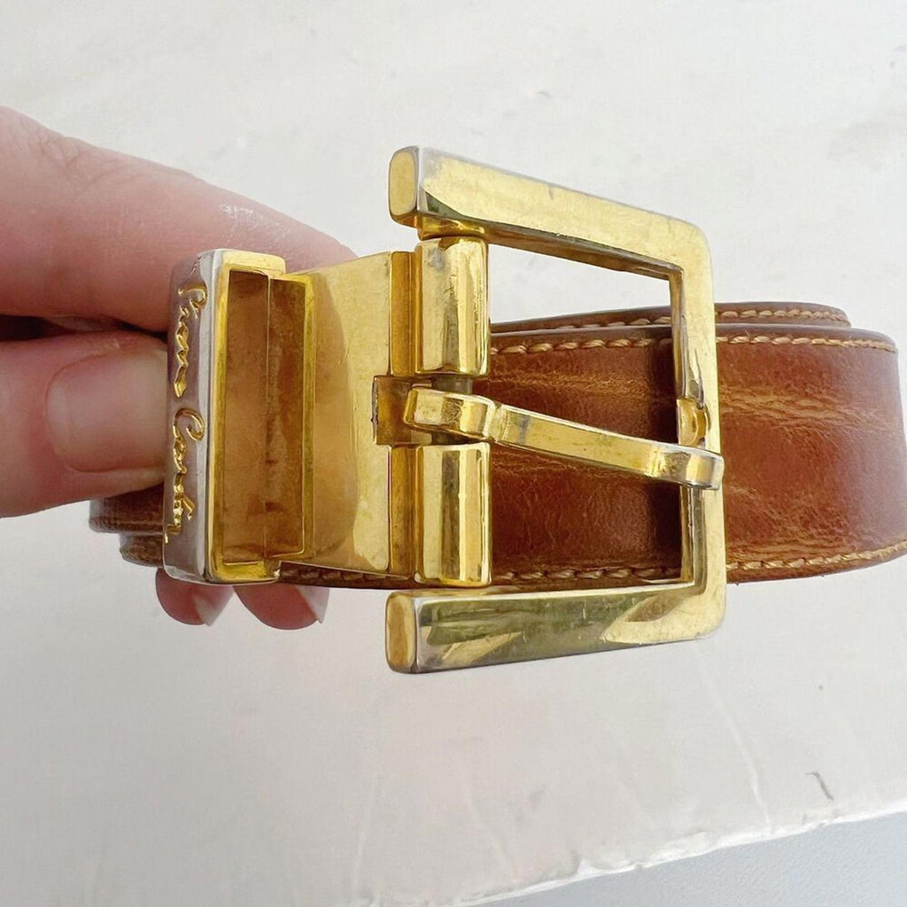Pierre Cardin Vintage Cognac Brown Leather Skinny Belt Gold Hardware Size 34