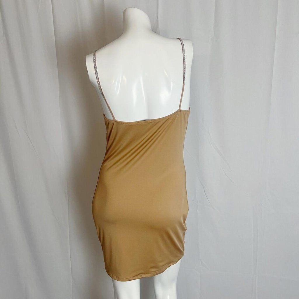 Iris Nude Bodycon Dress Rhinestone Straps Tan Beige Women's Size L