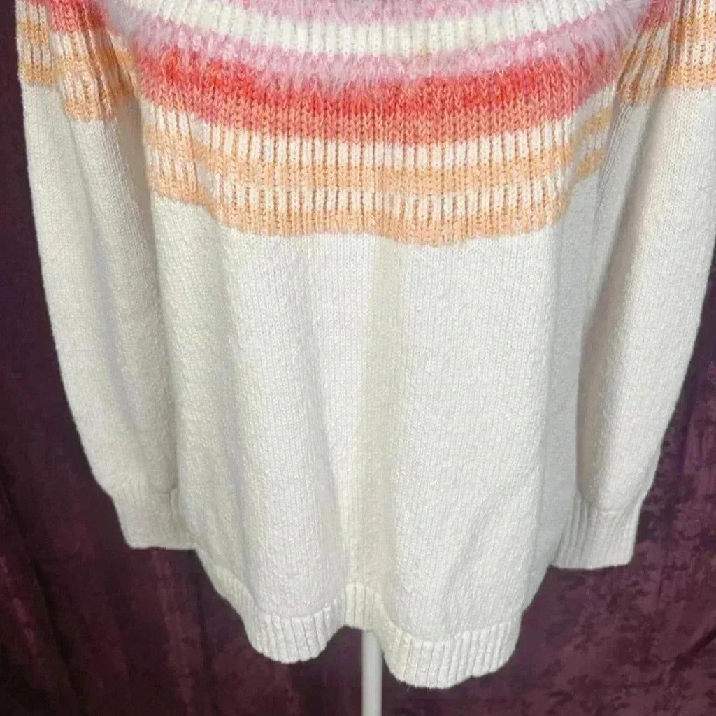 Christopher & Banks White Sweater Colorful Stripes Fuzzy Knit Crewneck Size XL
