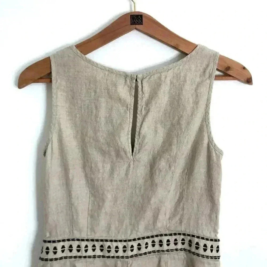 Ann Taylor LOFT Linen Oatmeal Black Embroidered Petite Romper Women's Size 4 P