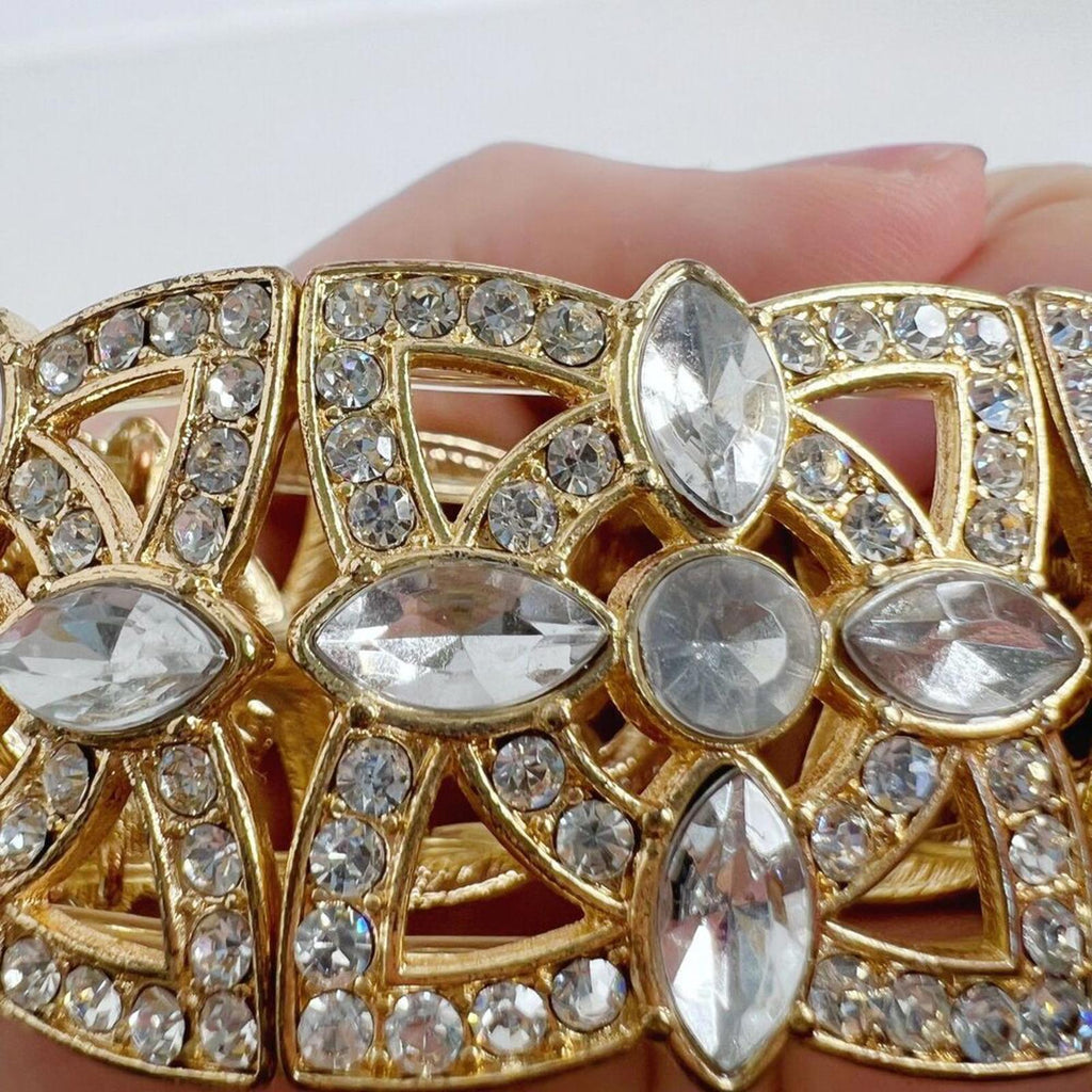 Vintage Gold Rhinestone Flower Bracelet Elastic Chunky Statement