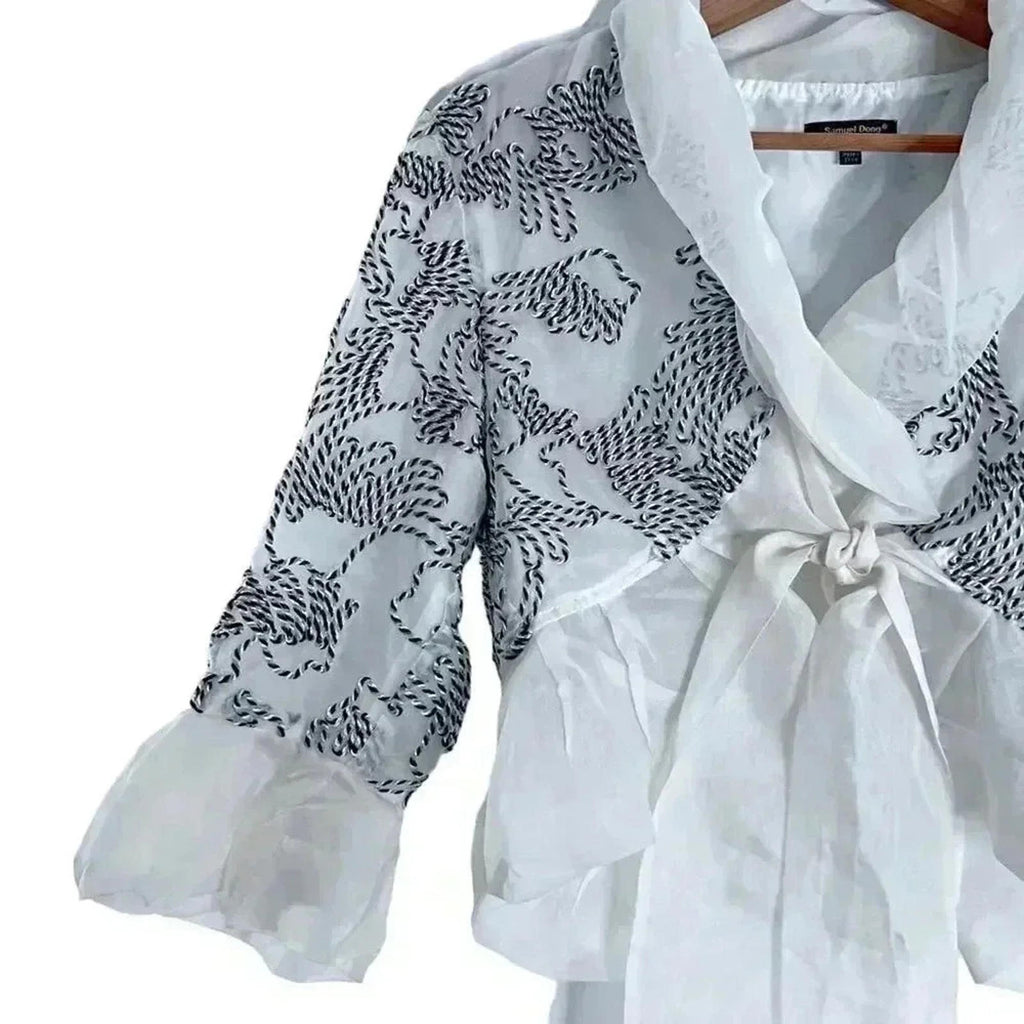 Samuel Dong Silk Black and White Embroidered Abstract Design Blouse Size M