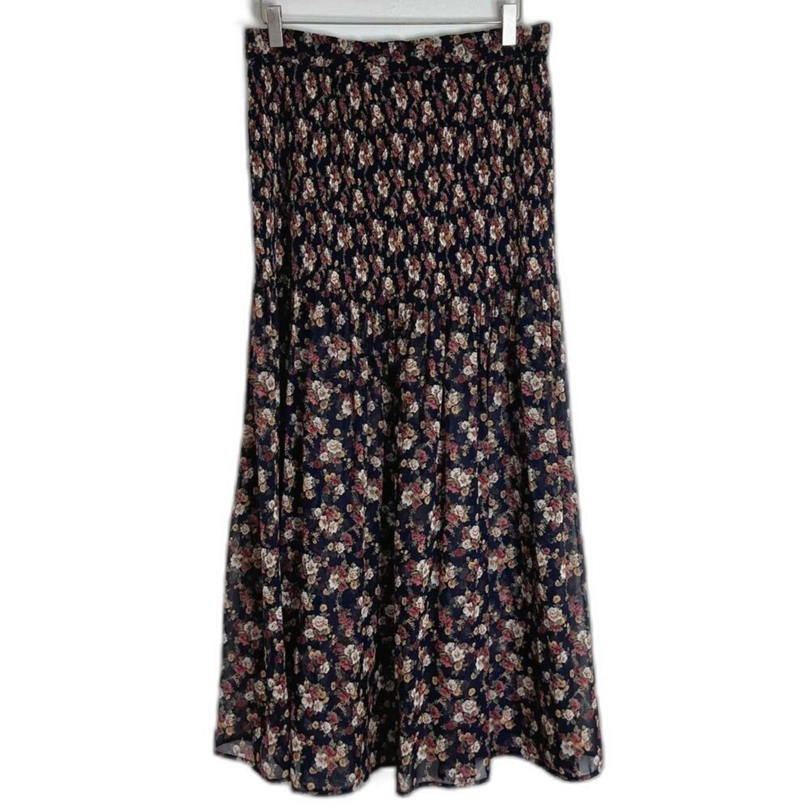 Vintage 90s Express Navy Blue and Pink Floral Maxi Skirt Chiffon Size M
