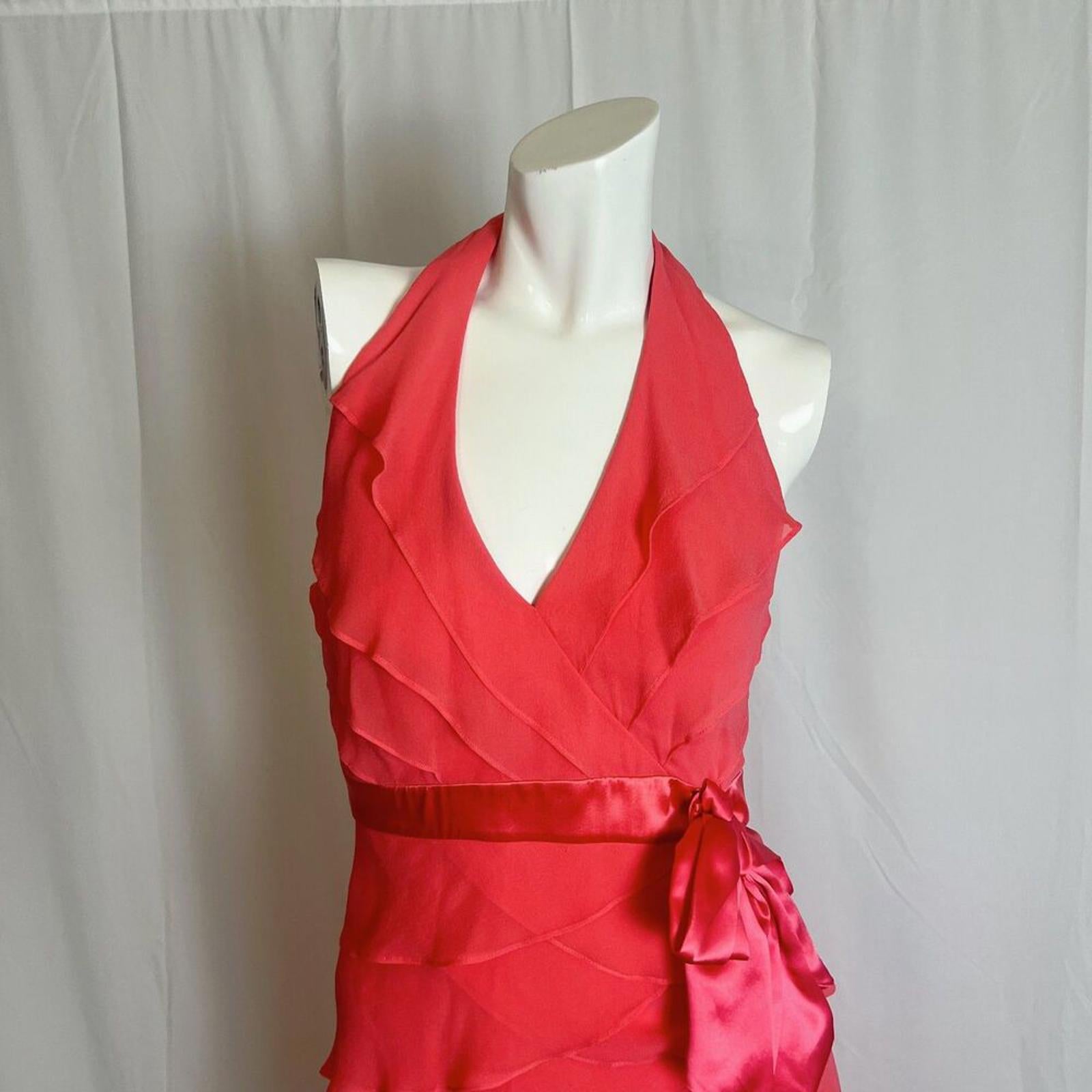 Vintage 90s y2k Lillie Rubin Coral Chiffon Ruffled Halter Neck Dress Size 2