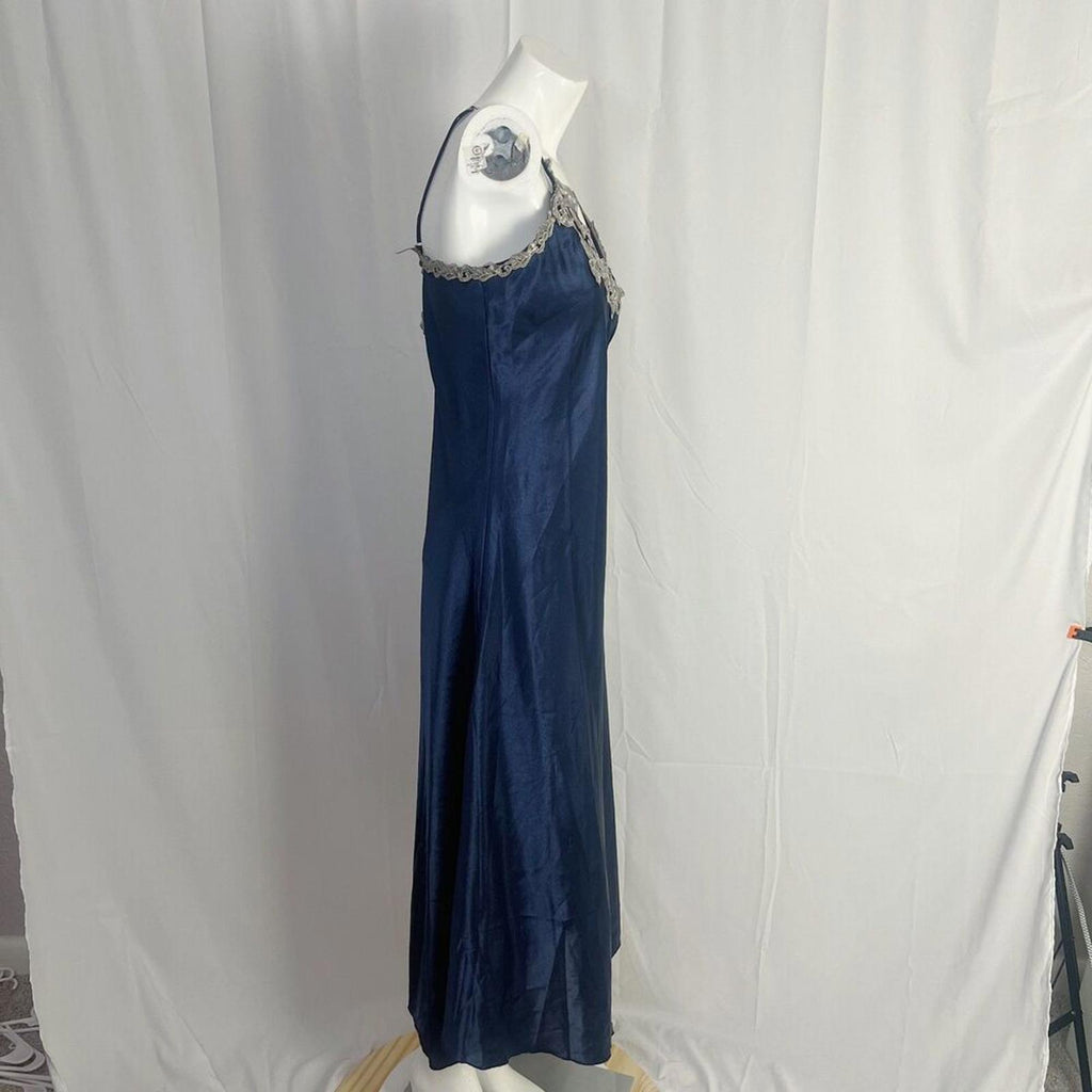 Navy Blue Satin Slip Dress Maxi Dress Silver Lace Women's Size L