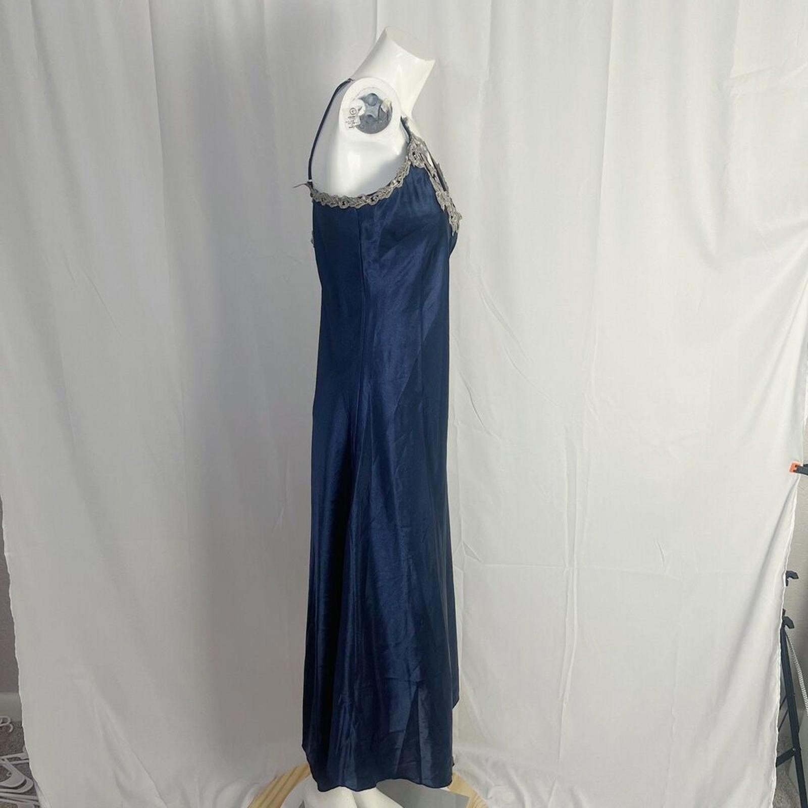 Navy Blue Satin Slip Dress Maxi Dress Silver Lace Women's Size L